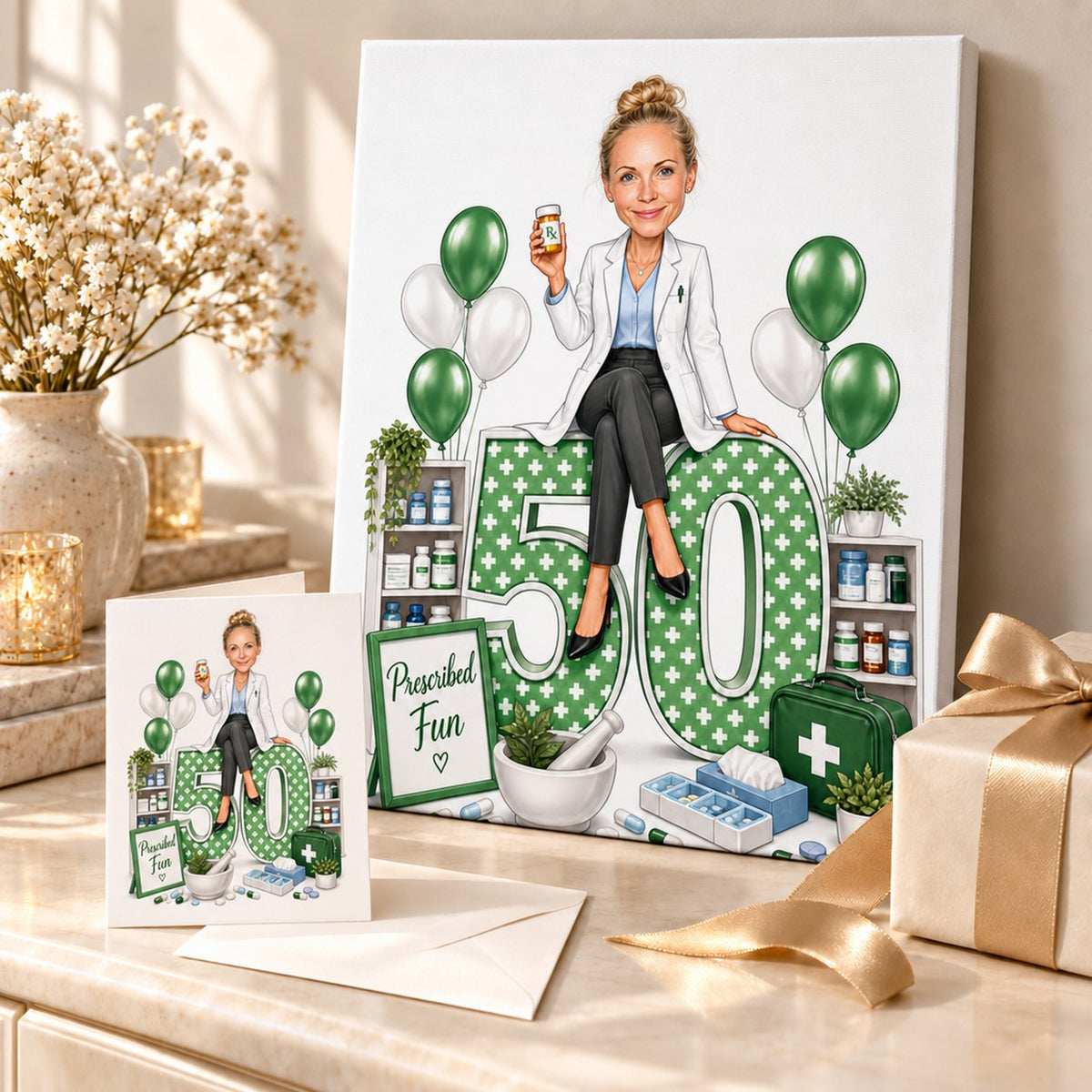 Pharmacist caricature printed on canvas and 5x7 card, ready for gifting.