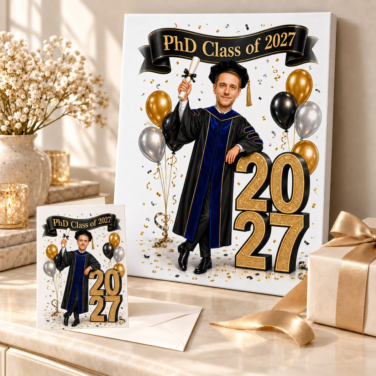 Canvas and greeting card of PhD graduation cartoon displayed with confetti and wrapped gift box.