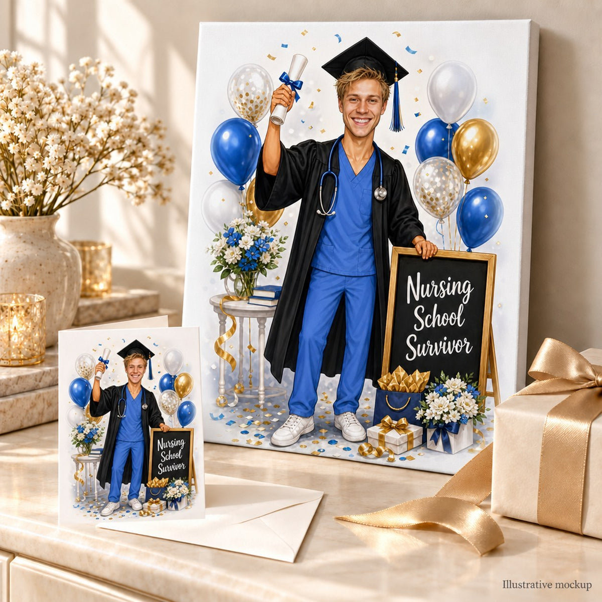 Canvas and greeting card featuring male nurse graduation caricature with blue and gold balloons.