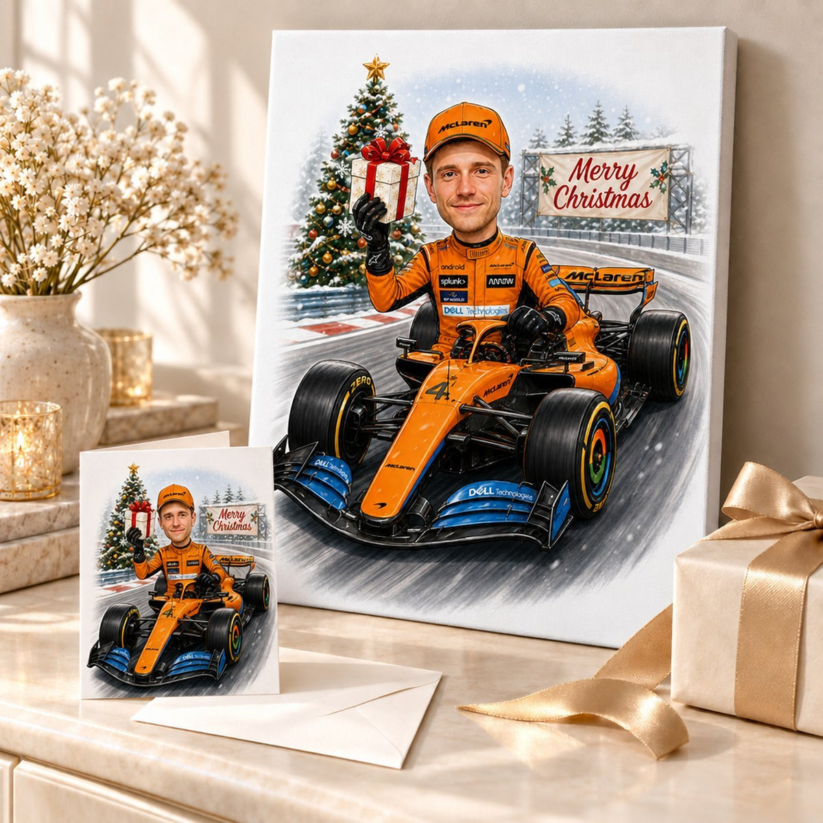 Orange F1 Christmas caricature shown on canvas and 5x7 card beside festive wrapped present.