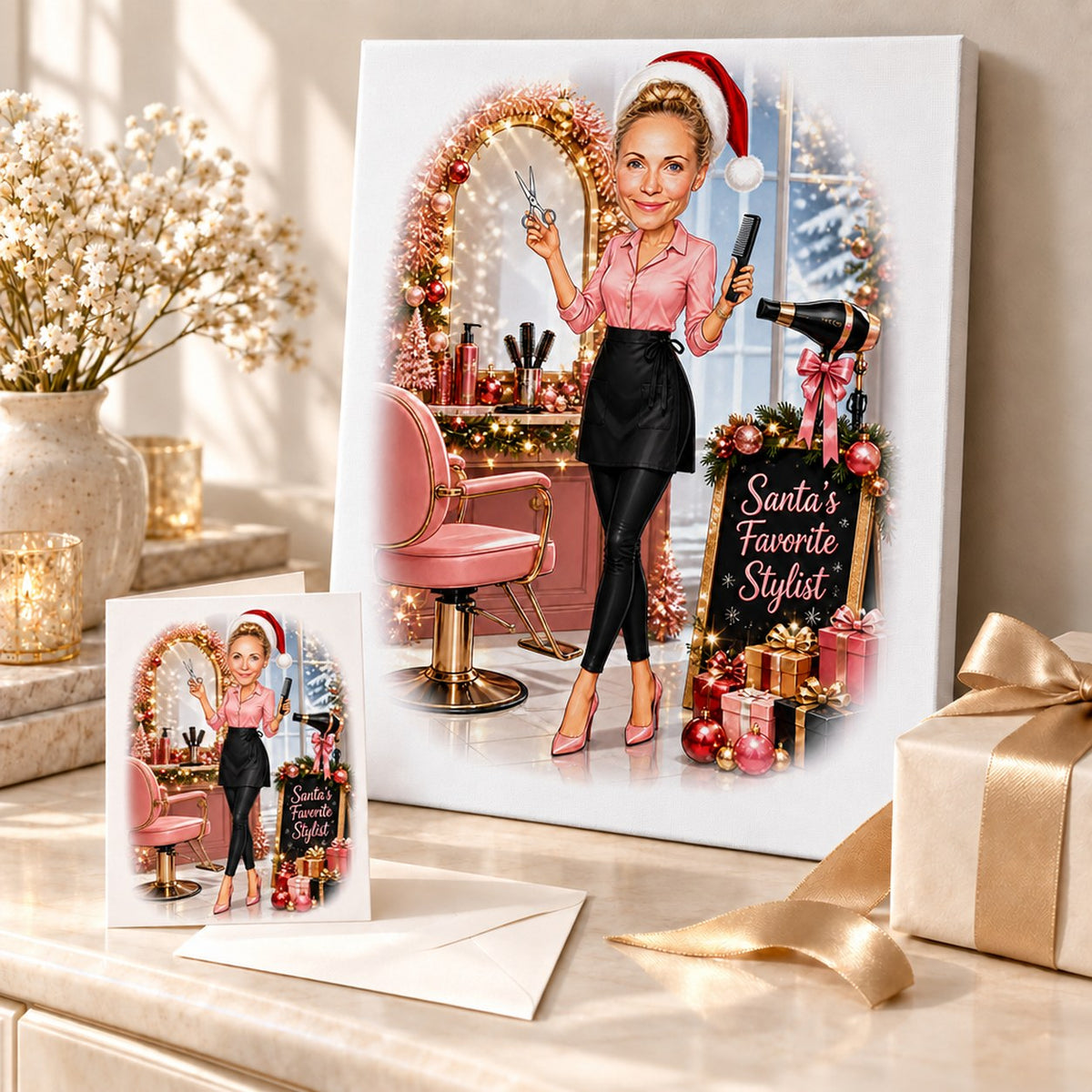 Stretched canvas and holiday card of hairstylist caricature staged with ornaments and ribbon.