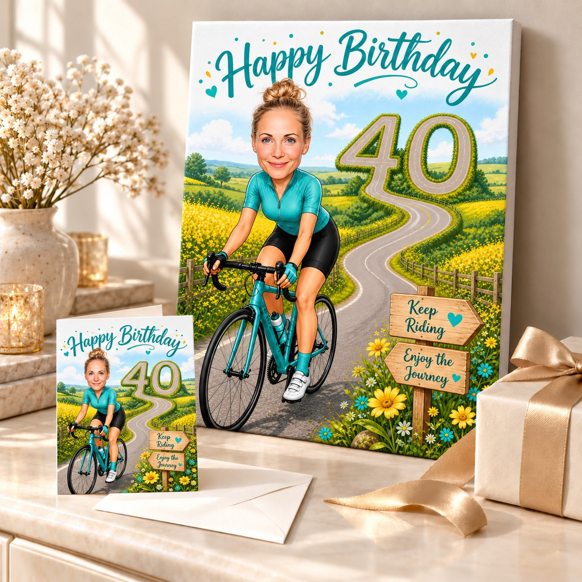 Stretched canvas and 5x7 card of cycling caricature shown in a gift scene.