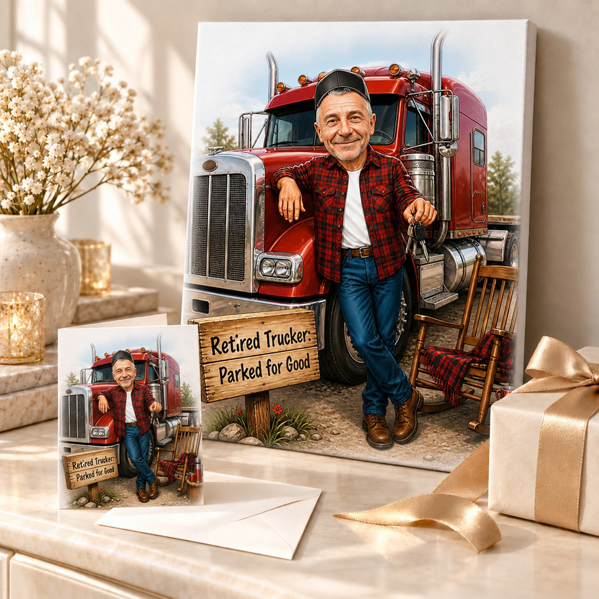 Canvas and 5x7 card of retired trucker caricature displayed with gift wrap and ribbon.