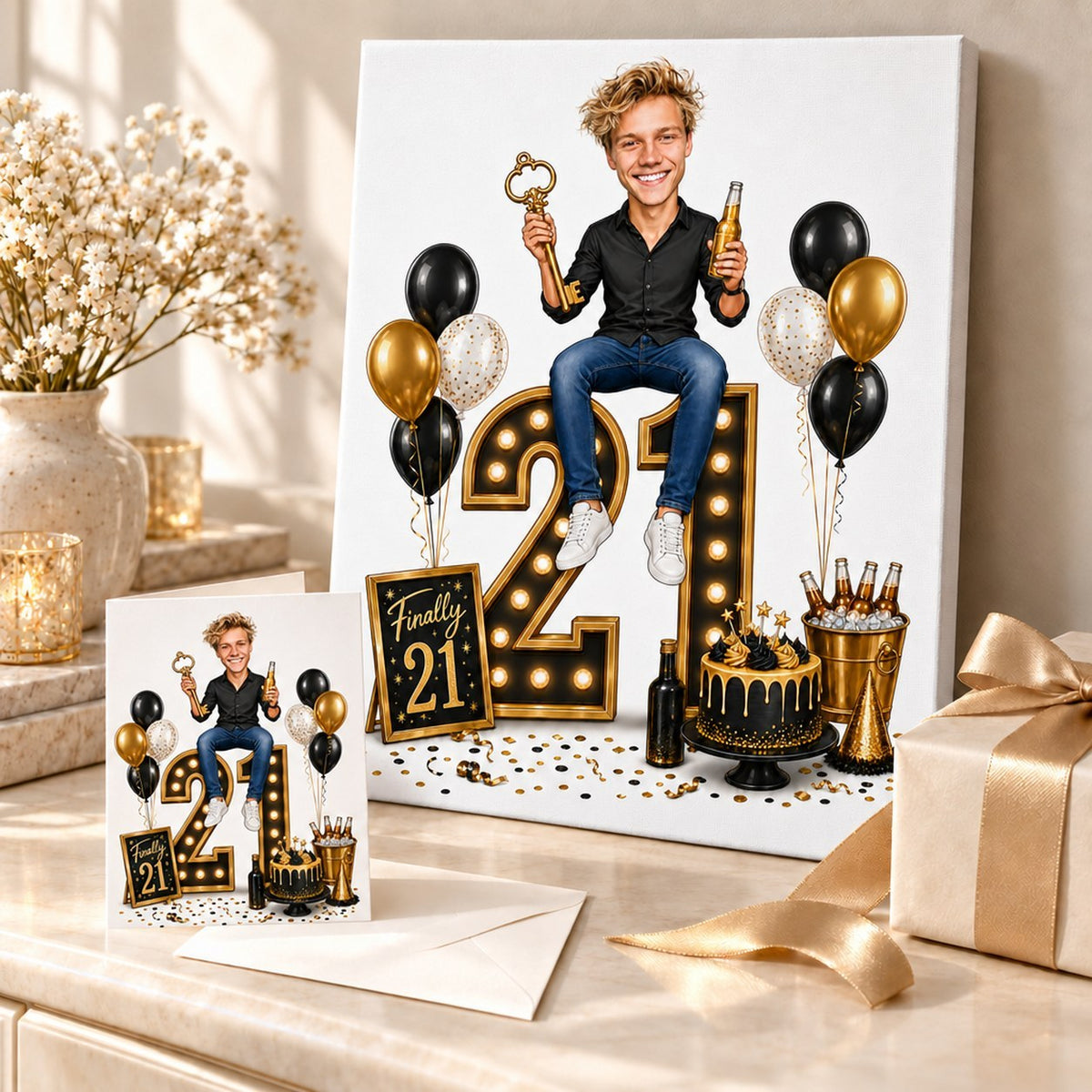 Finally 21 caricature printed on canvas and greeting card beside wrapped gifts