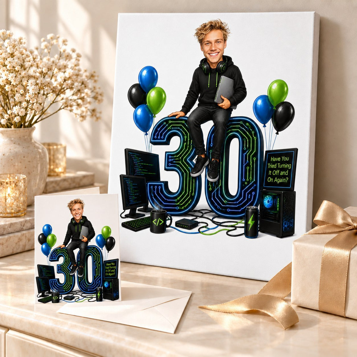 Programmer birthday caricature displayed on stretched canvas and 5x7 card, ready to gift.