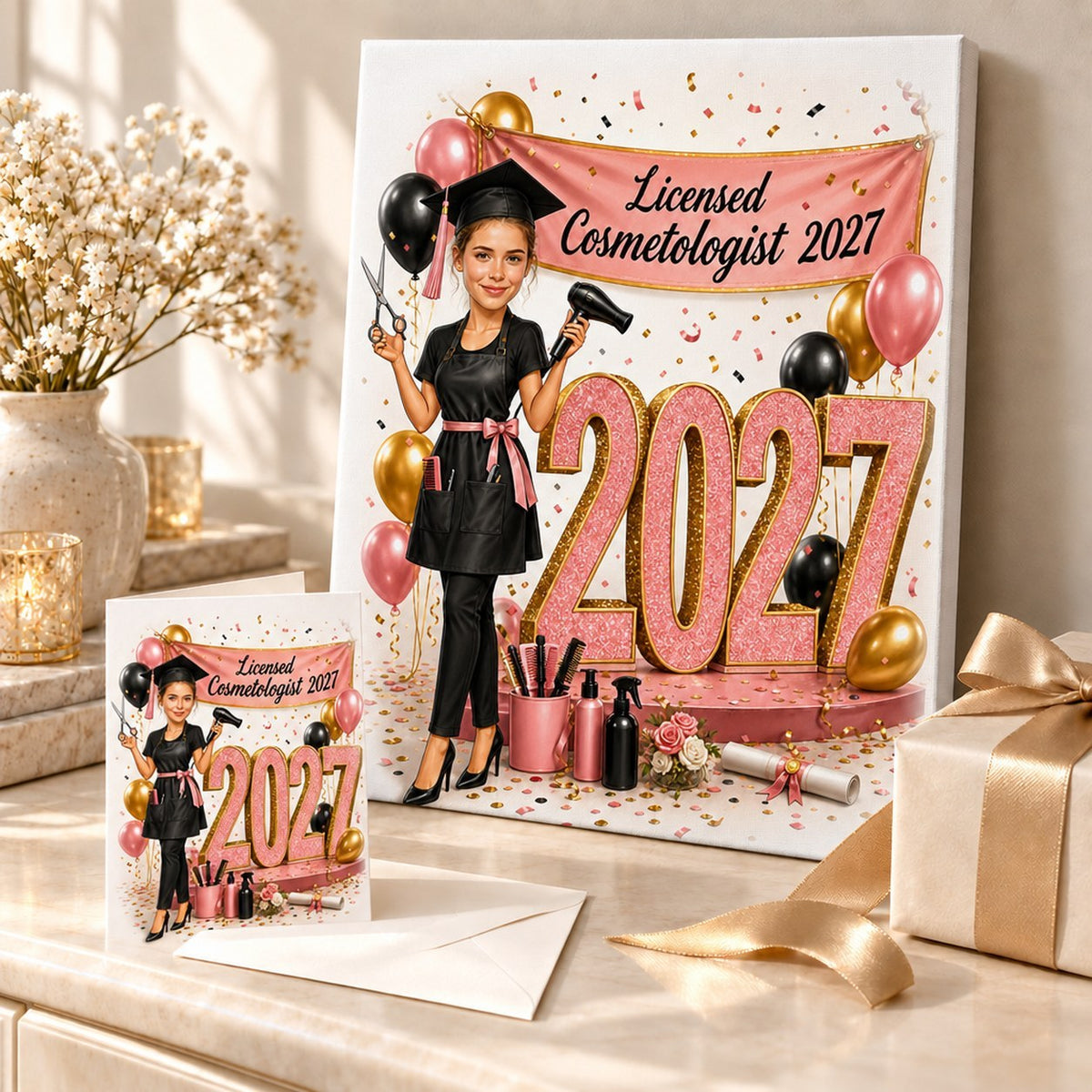 Canvas and greeting card of cosmetology caricature in a festive graduation gift scene