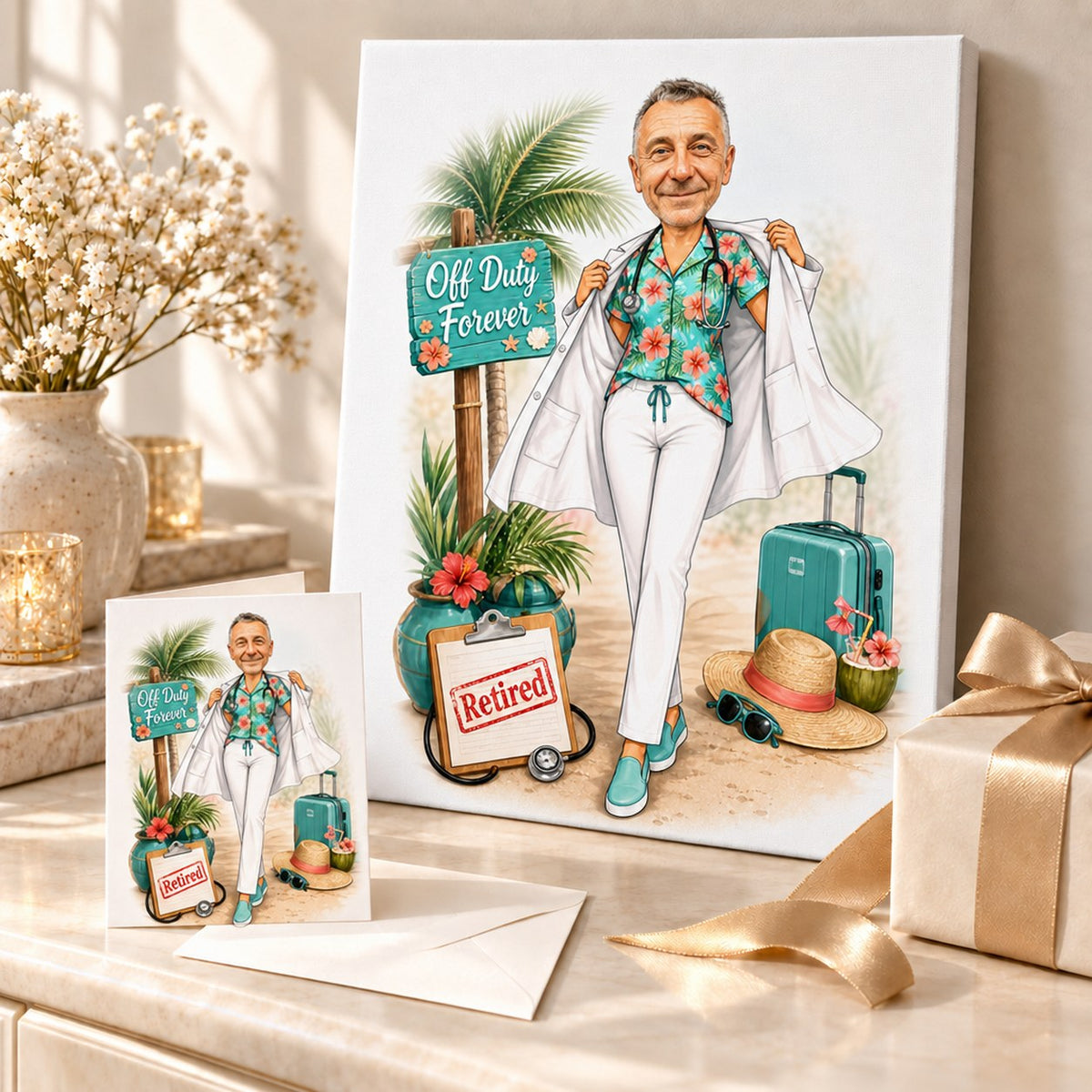 Stretched canvas and greeting card of retired doctor caricature in a cheerful gift setup.