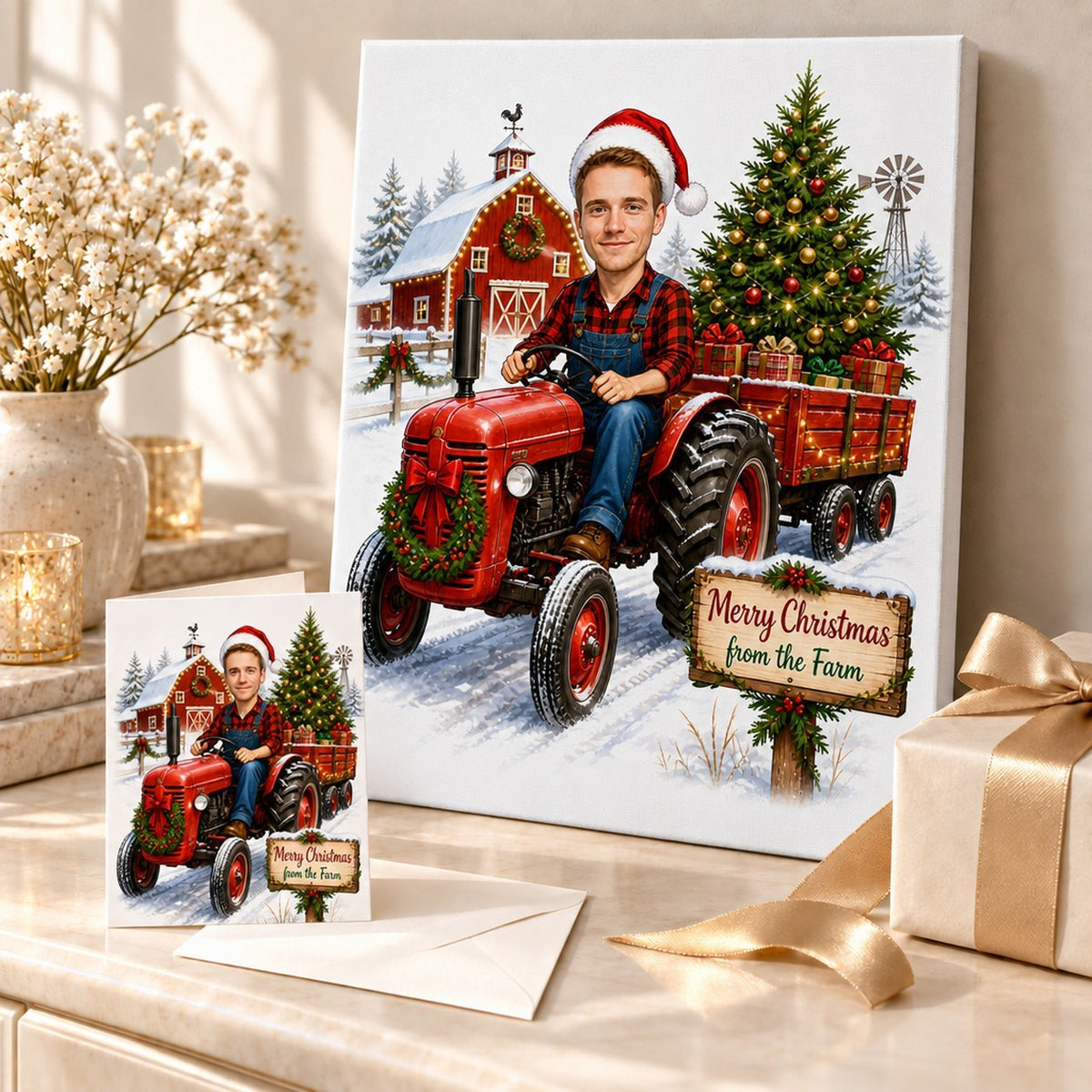 Farmer Christmas caricature on canvas and 5x7 card beside wrapped presents and pine decorations.