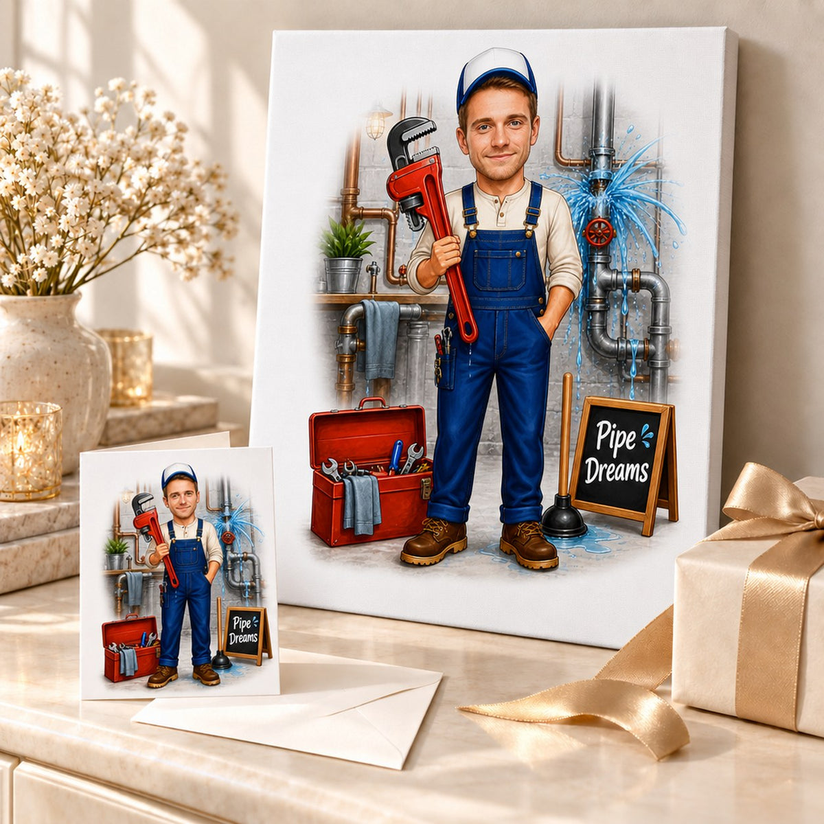 Canvas and 5x7 card with custom plumber caricature, ready to gift with envelope.