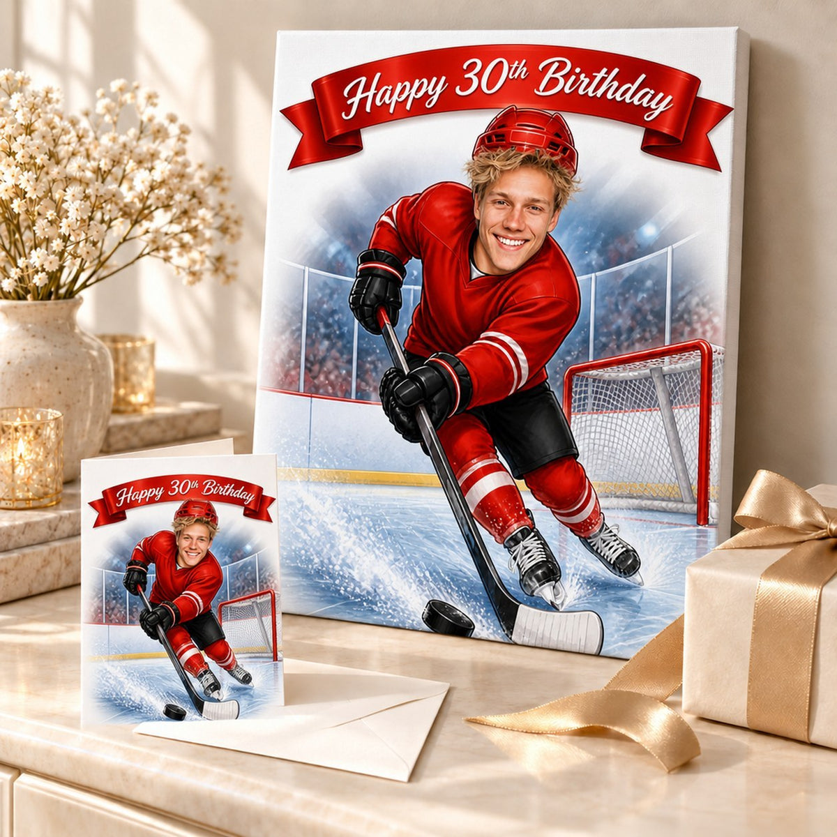 Hockey caricature printed on canvas and 5x7 card in gift scene