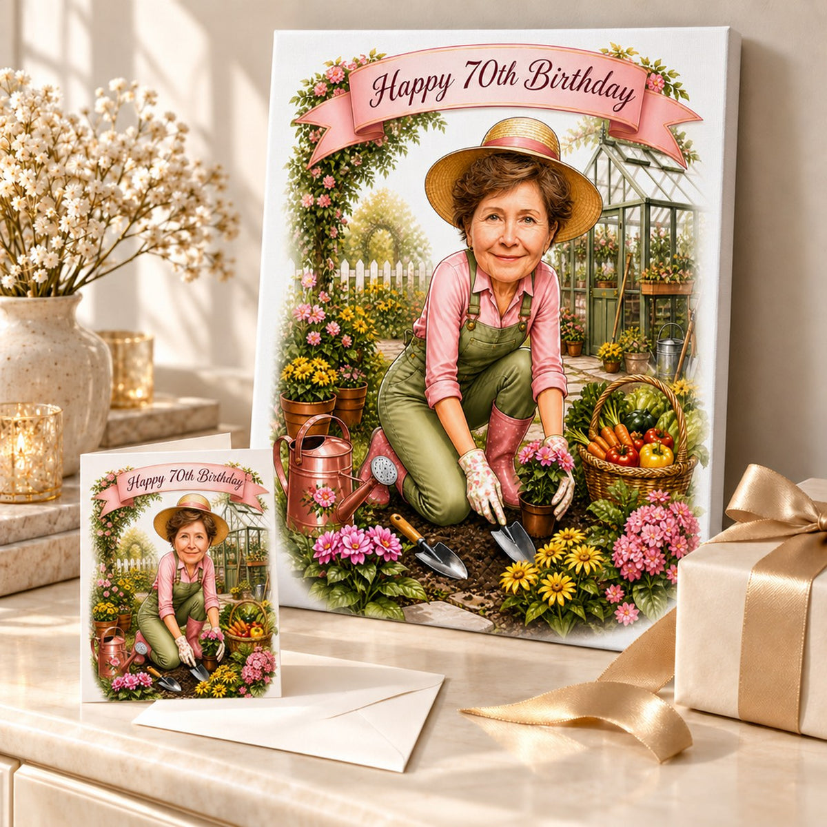 Canvas and 5x7 card of custom gardening caricature displayed in a charming gift setting