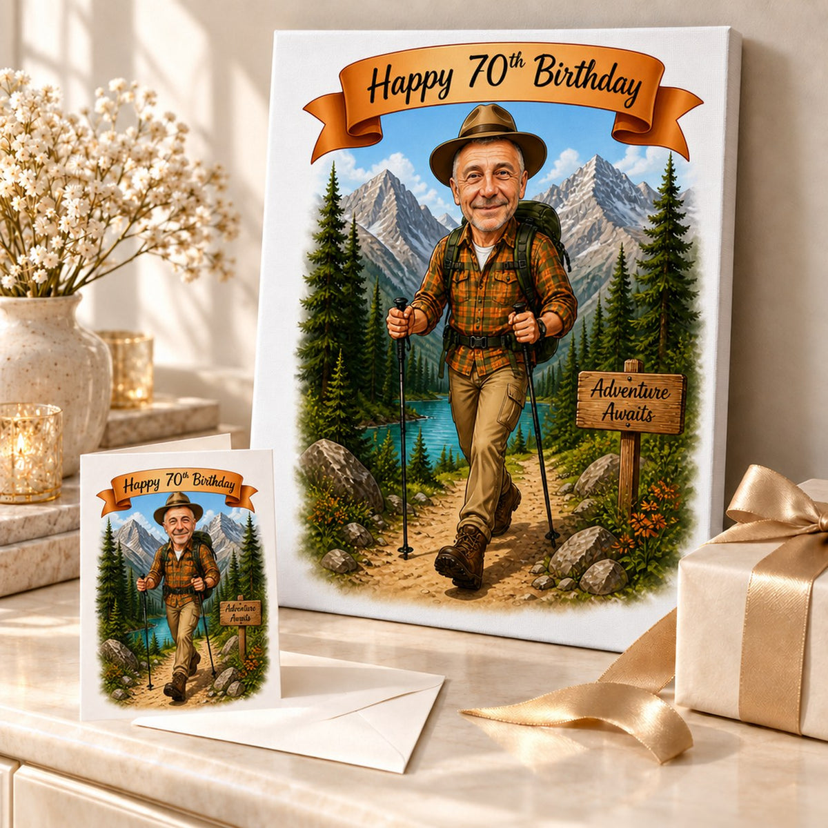 Hiking caricature shown on stretched canvas and 5x7 card beside gift ribbon.