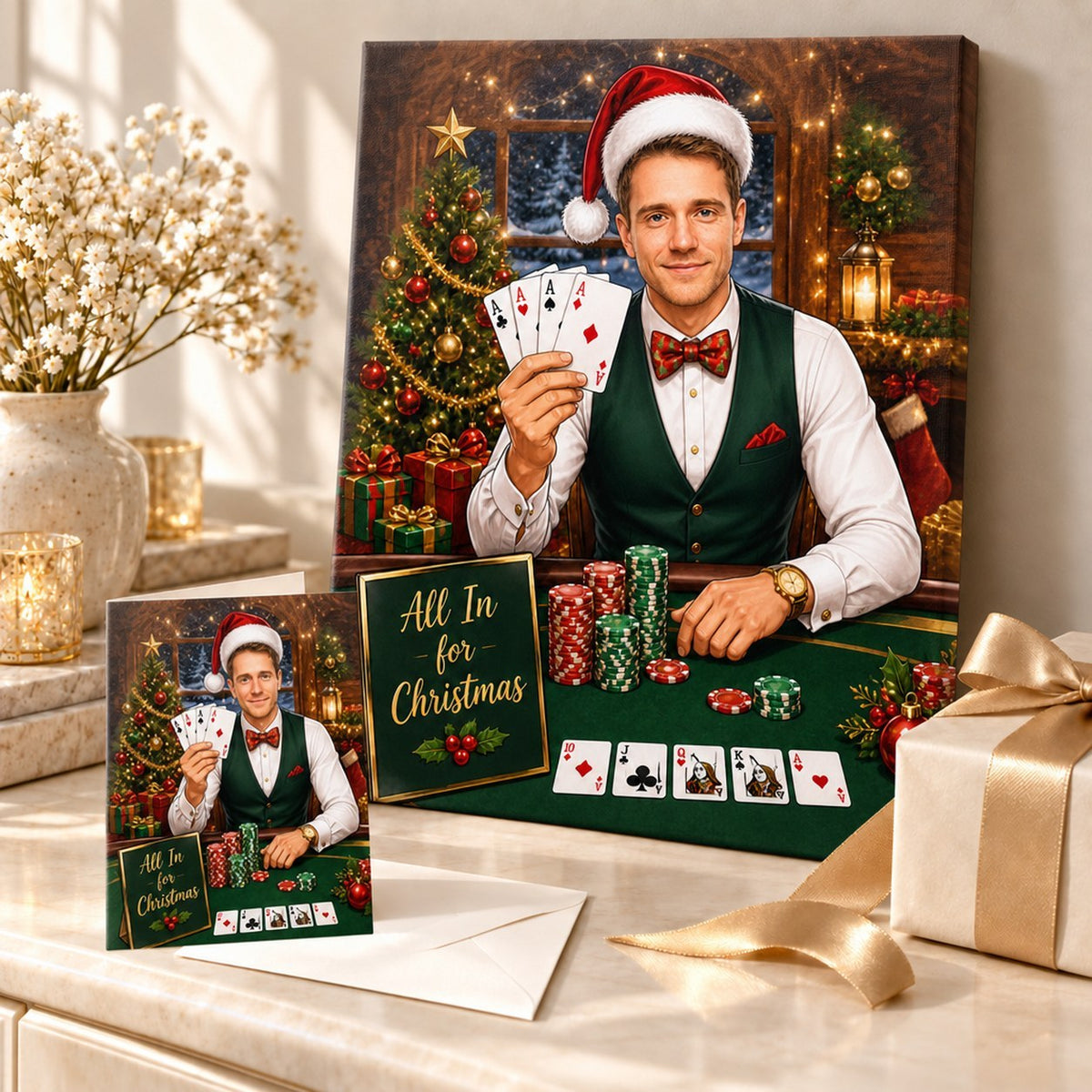 Canvas and 5x7 card of custom poker Christmas caricature in a festive gift scene.