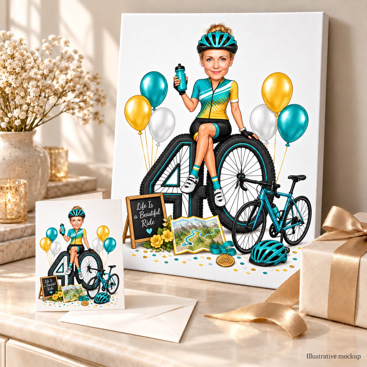 Canvas and greeting card of cycling caricature displayed with ribbon and balloons