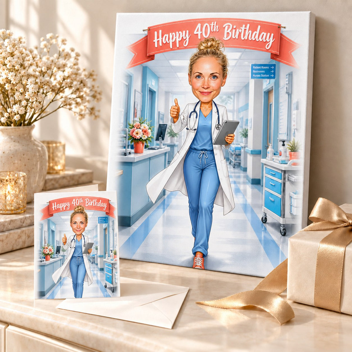 Doctor birthday caricature printed on canvas and greeting card with ribbon and confetti