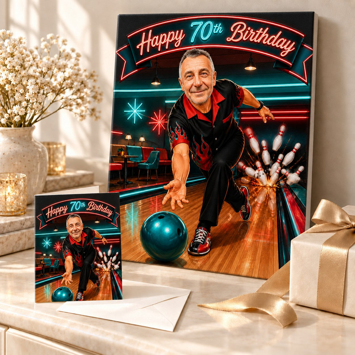 Bowling birthday caricature printed on canvas and greeting card, ready to gift.