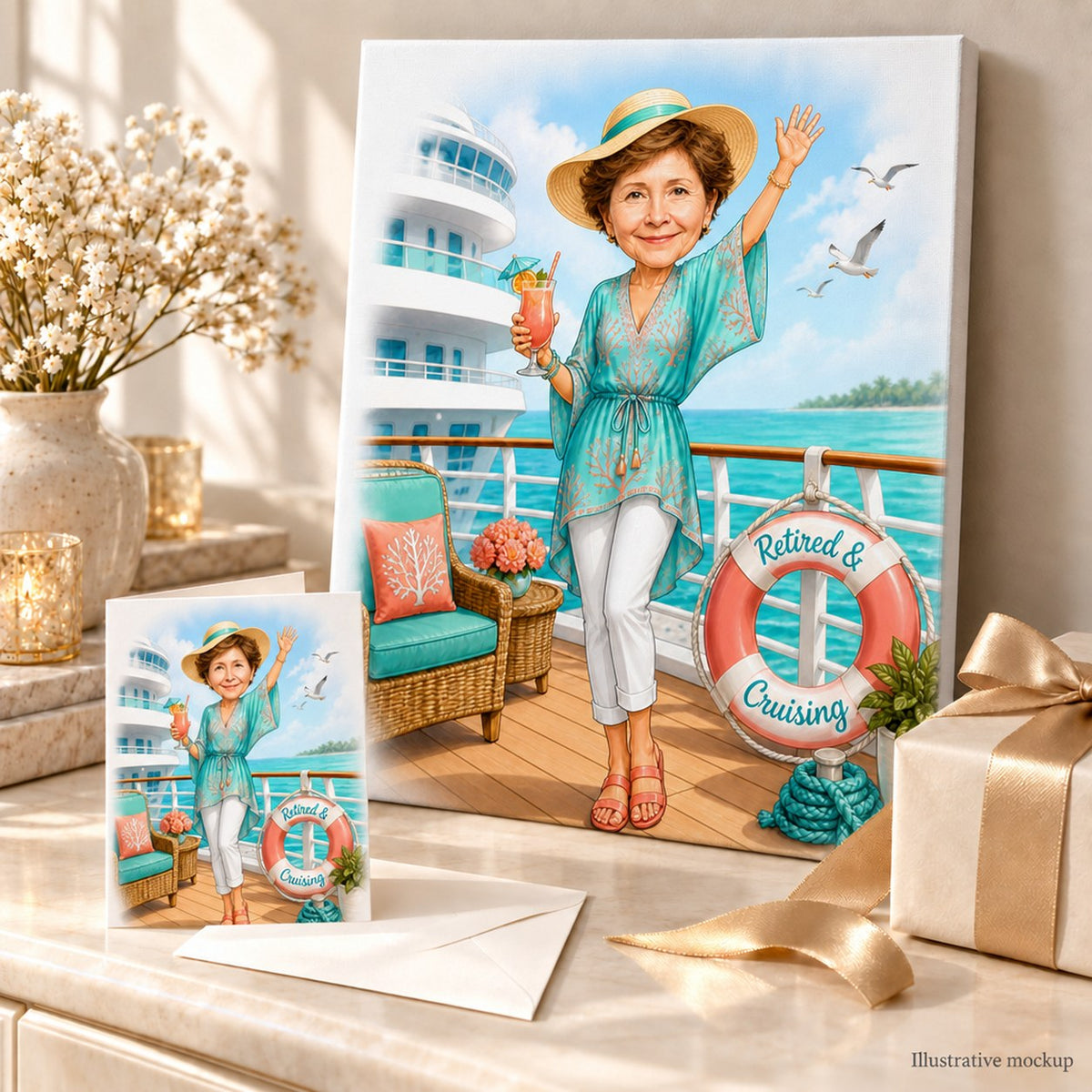 Stretched canvas and 5x7 greeting card of cruise retirement caricature in a cheerful gift scene.