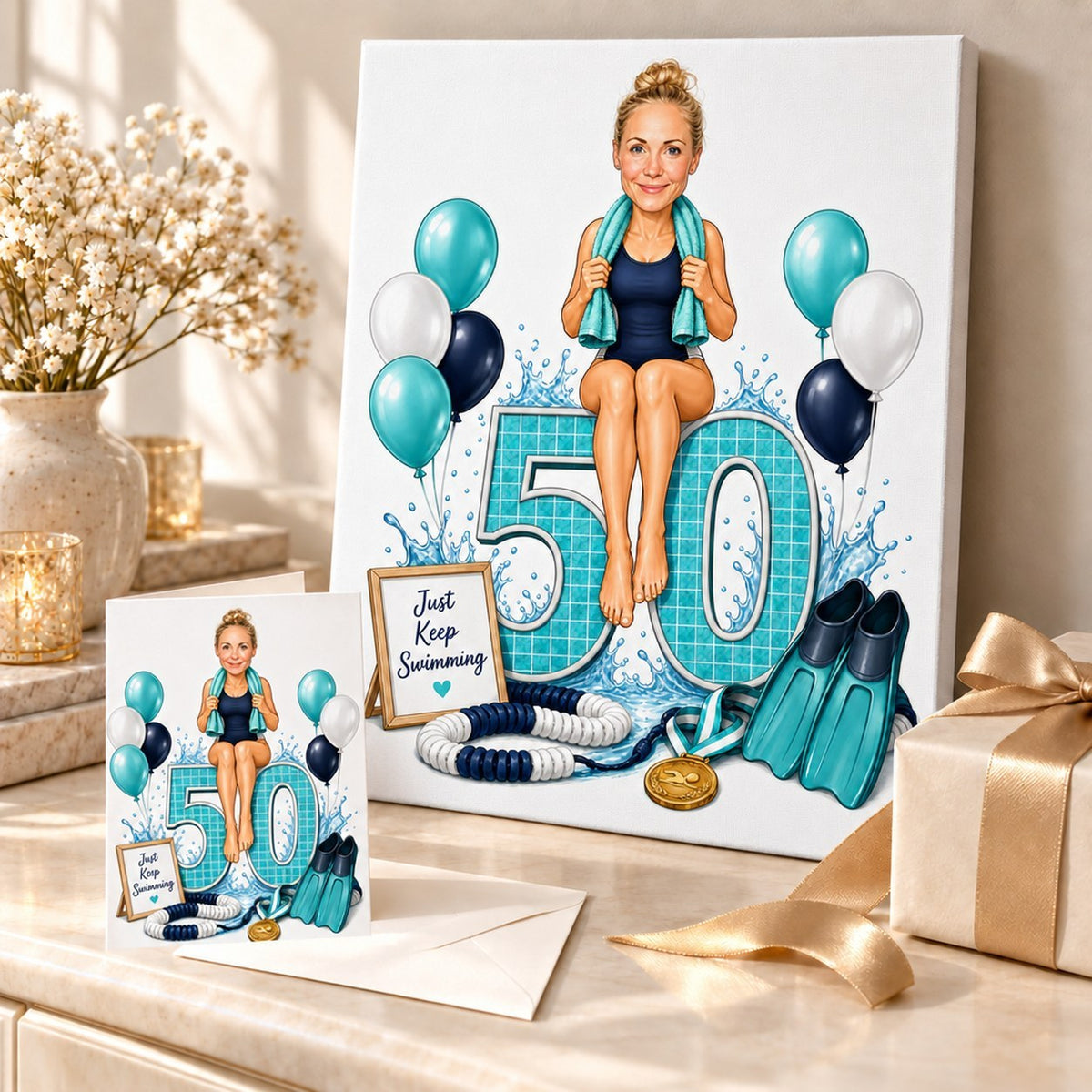 Stretched canvas and 5x7 card of swimmer birthday caricature in a gift scene.