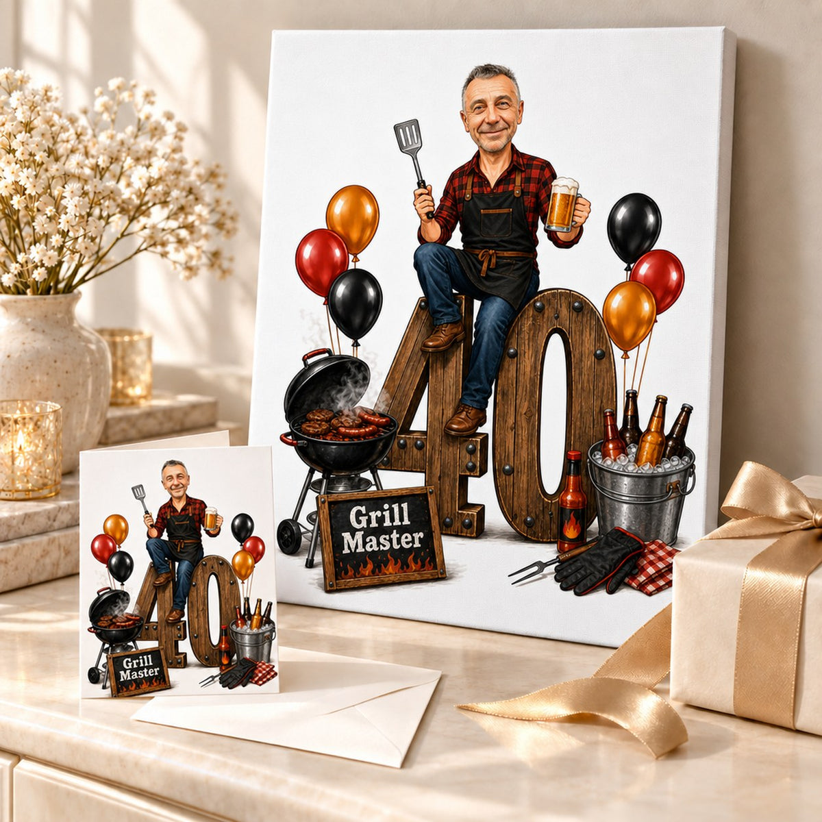 Canvas and greeting card with BBQ birthday caricature displayed in a party gift scene.