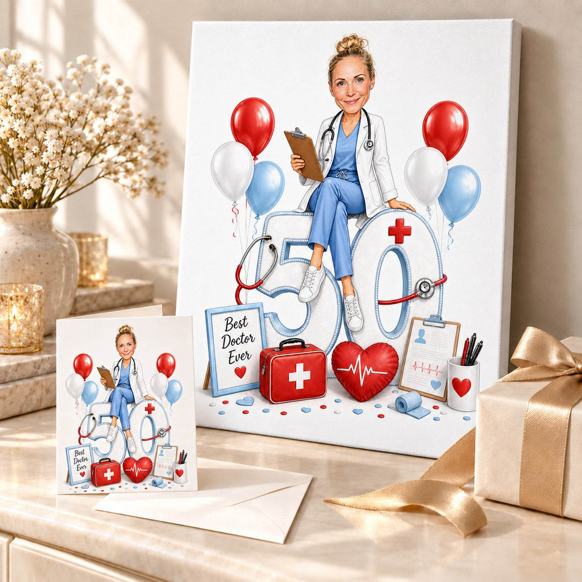 Doctor birthday caricature on canvas and card displayed with balloons and confetti