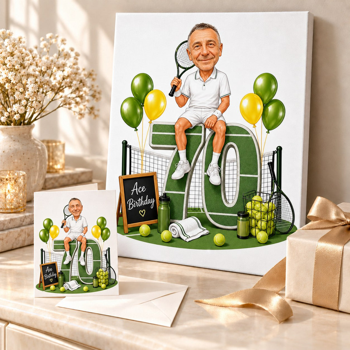 Tennis birthday caricature printed on canvas and 5x7 card beside wrapped gift.