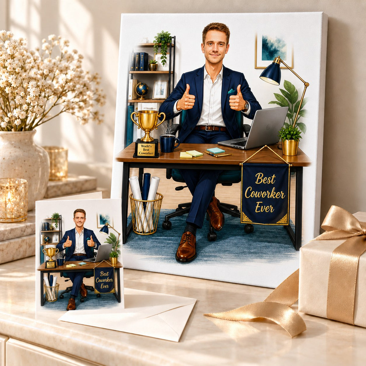 Canvas and greeting card of office coworker caricature with ribbon and gift box