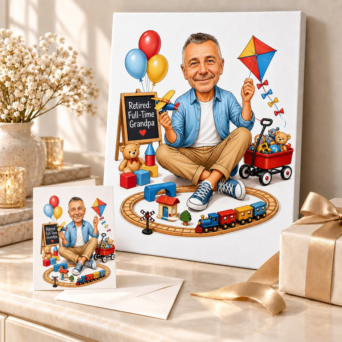 Canvas and greeting card of retired grandpa caricature displayed with gift wrap and ribbon.
