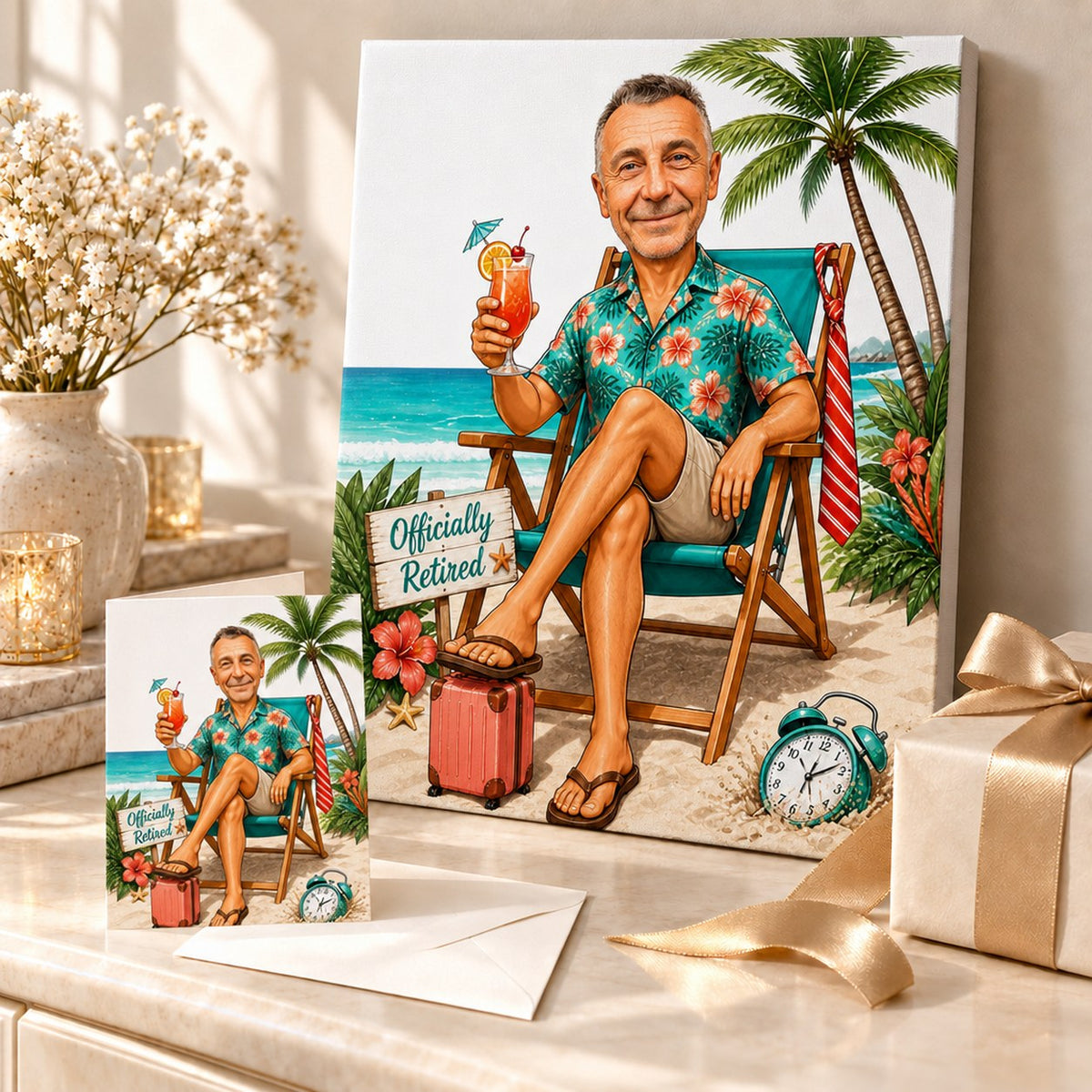 Canvas and 5x7 greeting card of retirement beach caricature arranged with gift ribbon.