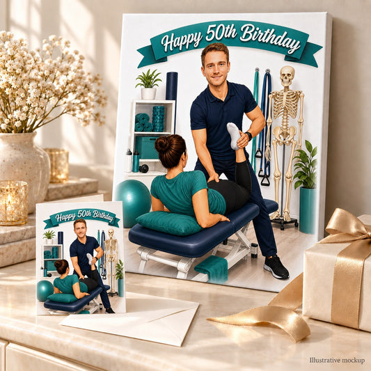 Stretched canvas and 5x7 greeting card of physical therapist caricature arranged as a gift.