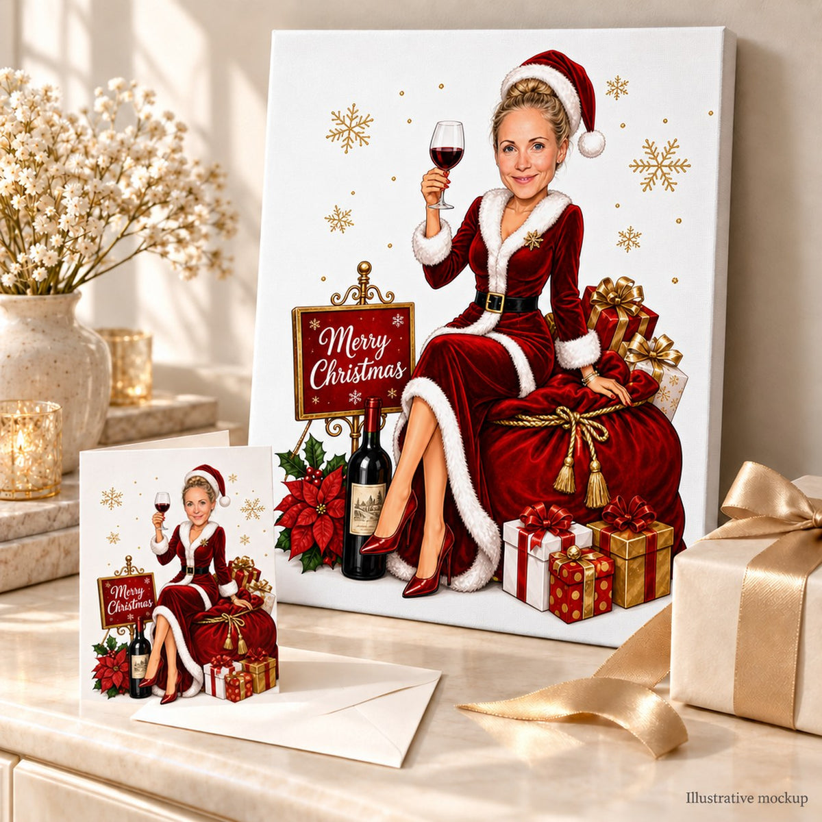 Canvas and greeting card of Mrs. Claus wine caricature displayed with wrapped presents.