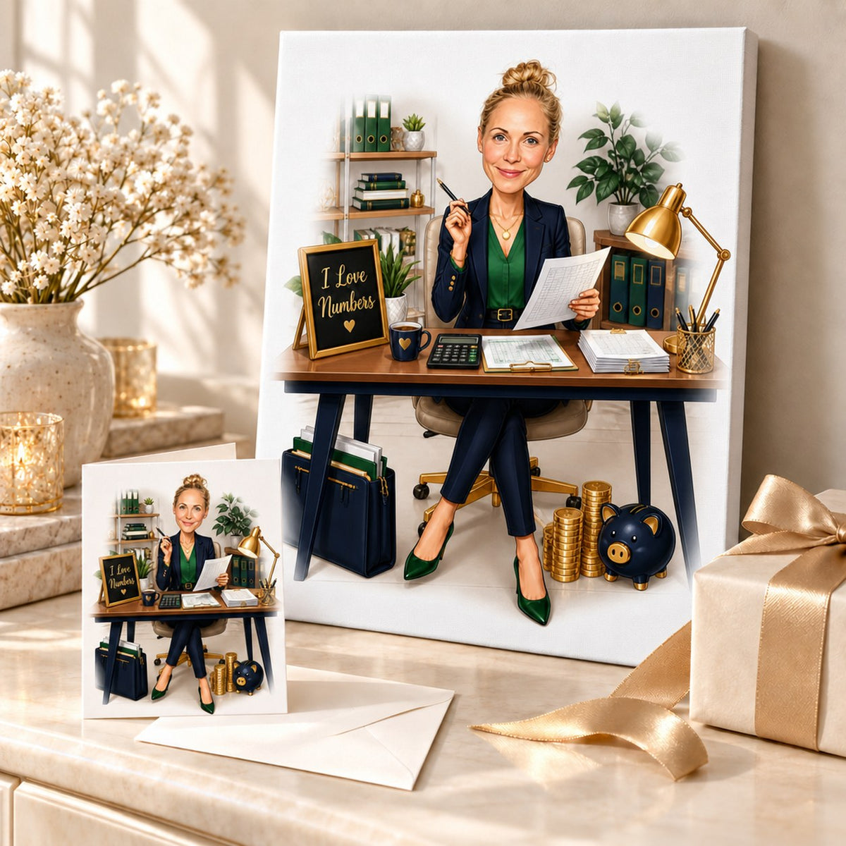 Stretched canvas and 5x7 card of accountant caricature presented as a wrapped gift.
