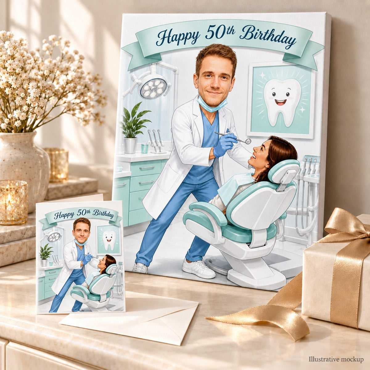 Dentist birthday caricature shown on canvas and greeting card with ribbon and confetti.