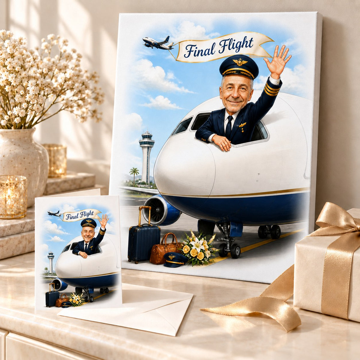 Pilot retirement caricature on stretched canvas and 5x7 greeting card with envelope.