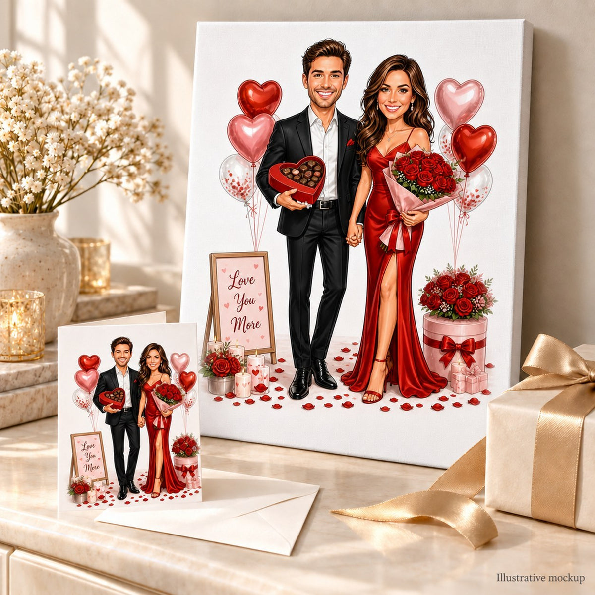 Caricature on stretched canvas and 5x7 greeting card displayed with roses and wrapped gifts.