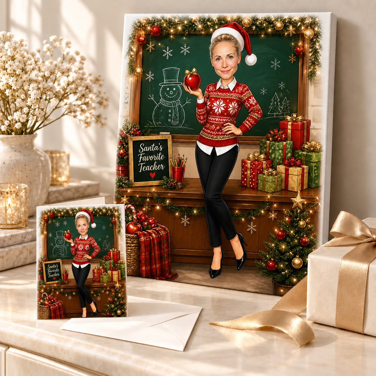 Stretched canvas and 5x7 card of custom Christmas teacher caricature beside wrapped presents on desk.