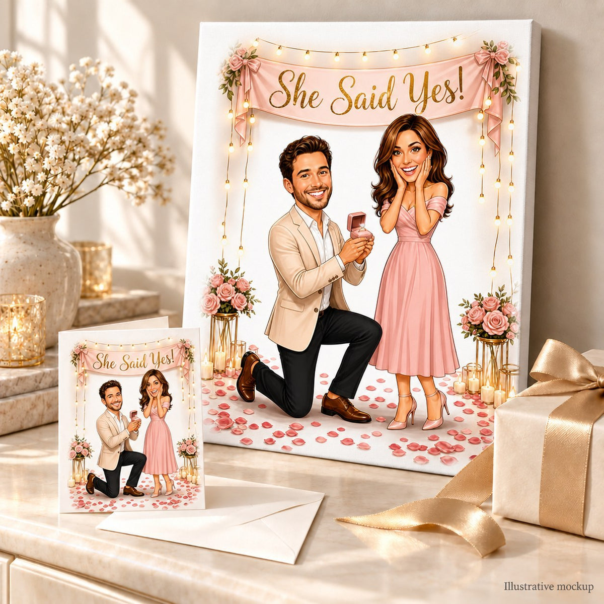 Engagement couple caricature printed on canvas and 5x7 card beside wrapped present.