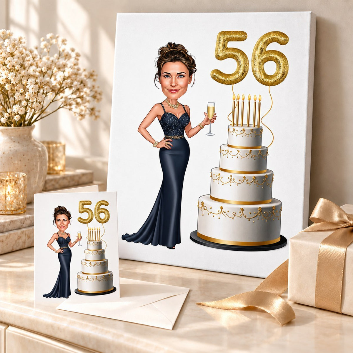 Birthday cake caricature on canvas and 5x7 card arranged as a gift.