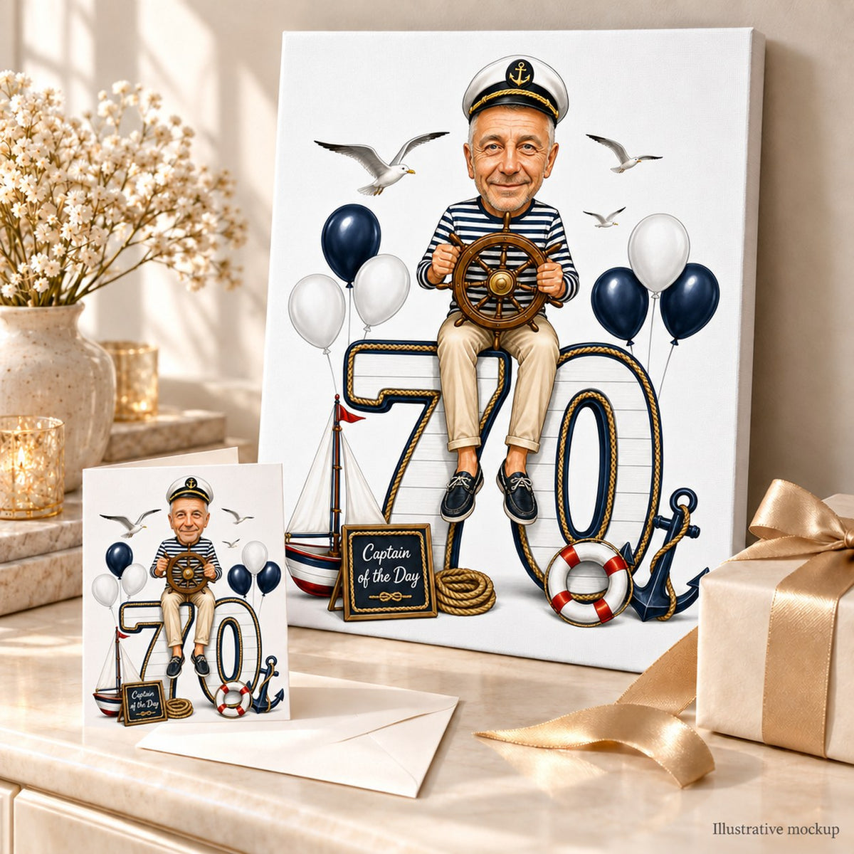 Nautical captain caricature printed on canvas and greeting card as birthday gift.