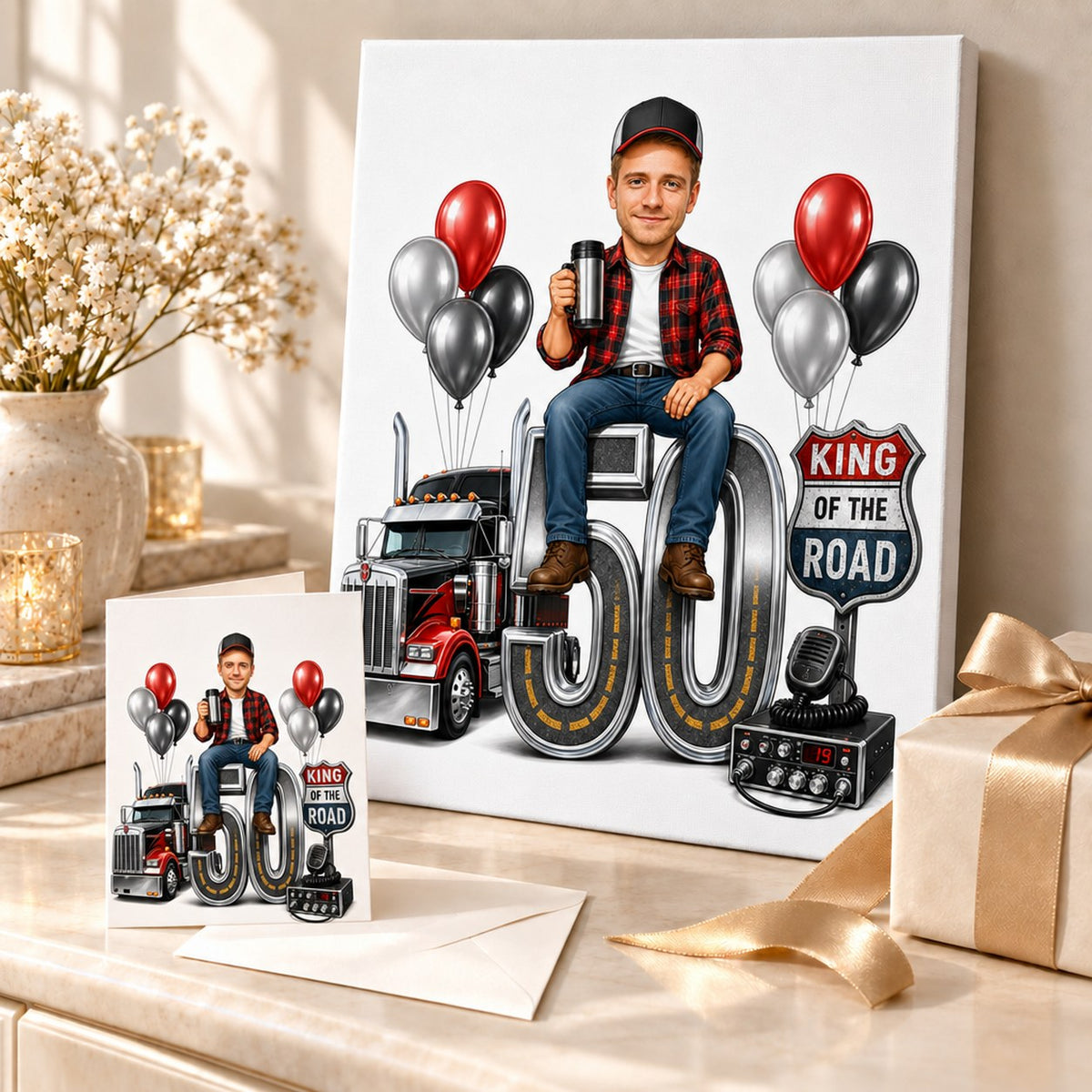 Stretched canvas and 5x7 card of truck driver caricature styled for gifting.