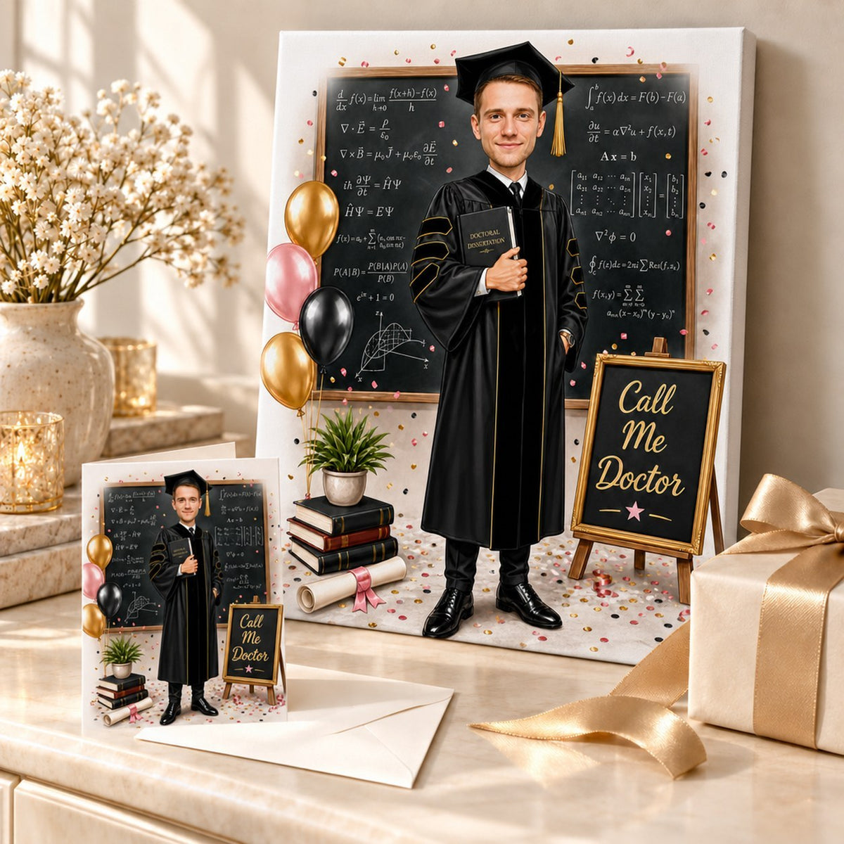 PhD caricature printed on canvas and 5x7 card, surrounded by ribbons and confetti.
