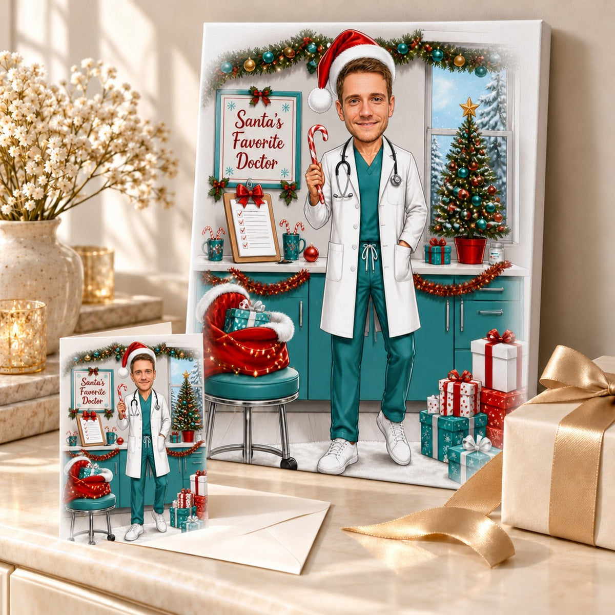 Canvas and 5x7 card of custom doctor Christmas caricature displayed with wrapped presents