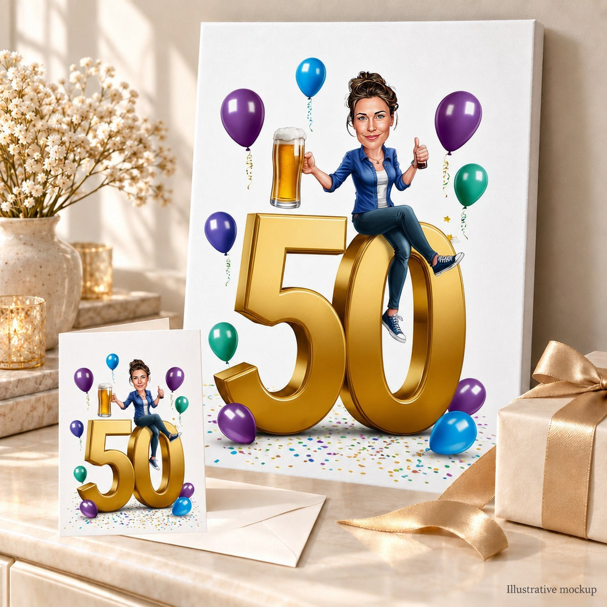 Canvas and greeting card of the caricature shown with ribbons, balloons, ready to gift.