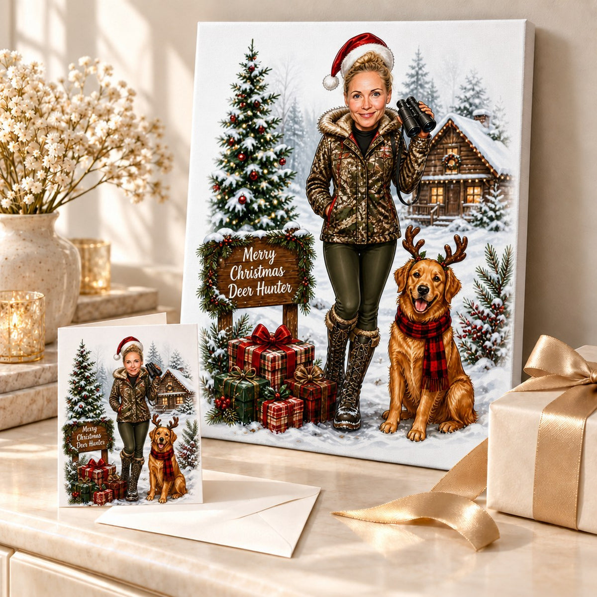 Canvas and greeting card of custom hunting Christmas caricature beside wrapped holiday gifts.