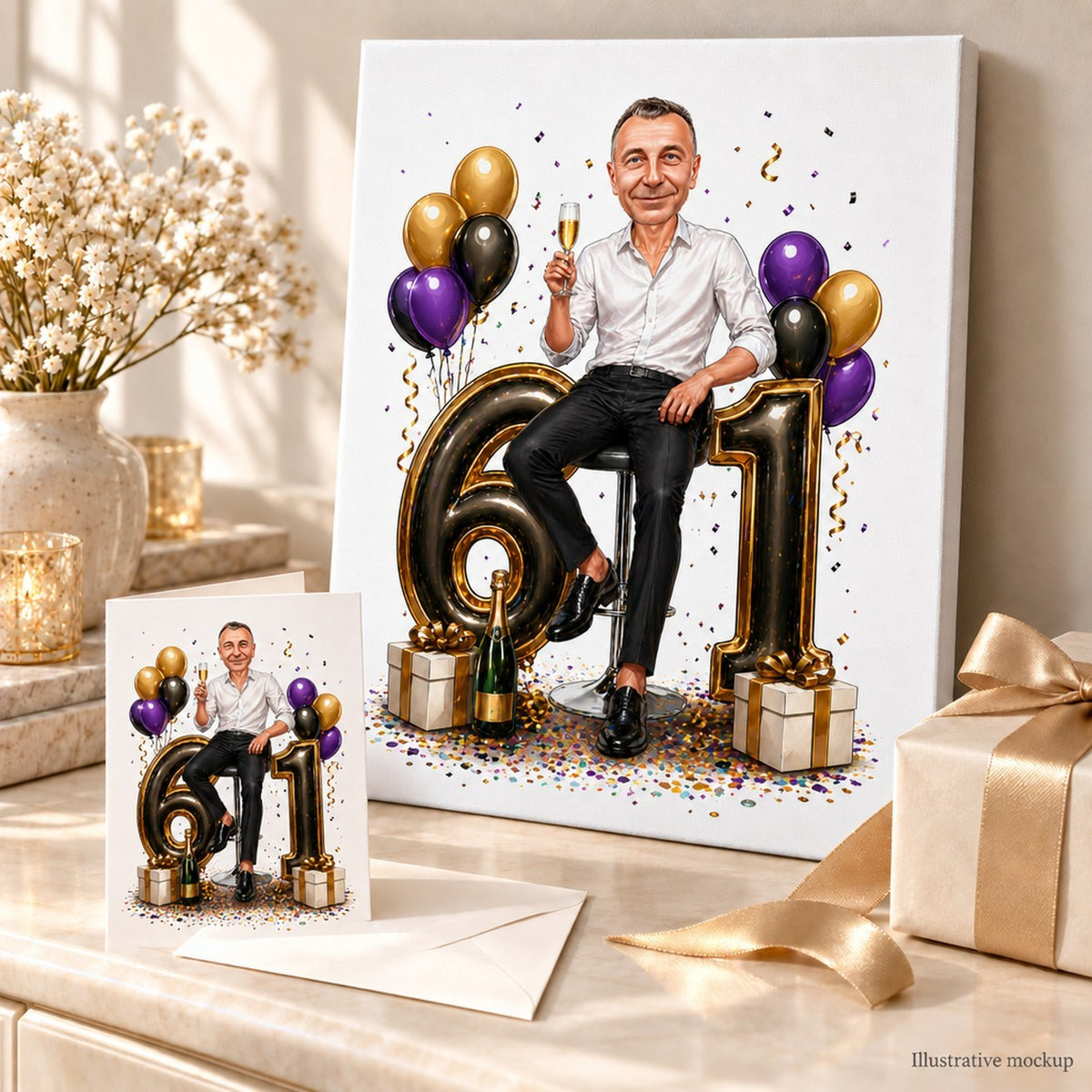 Stretched canvas and 5x7 card displayed with ribboned gift box and confetti.