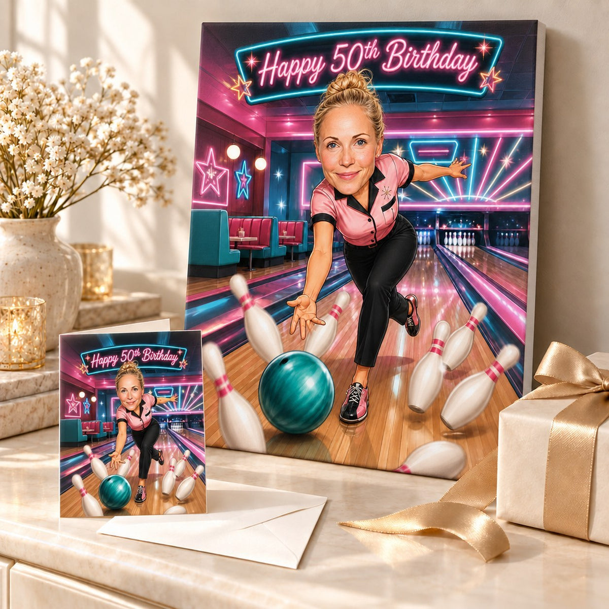 Bowling caricature on stretched canvas and 5x7 card in a gift scene