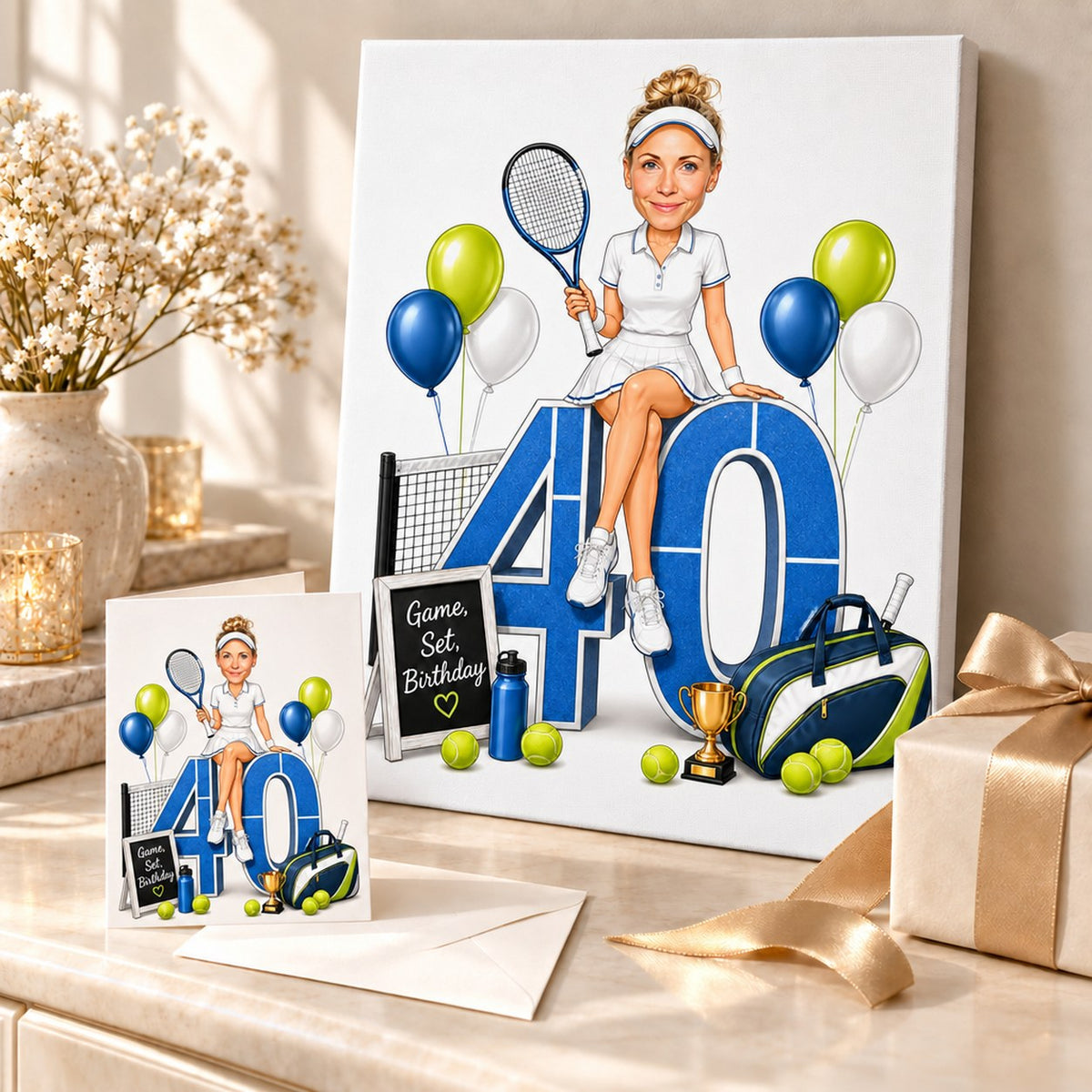 Tennis birthday caricature on canvas and 5x7 greeting card beside wrapped gifts.