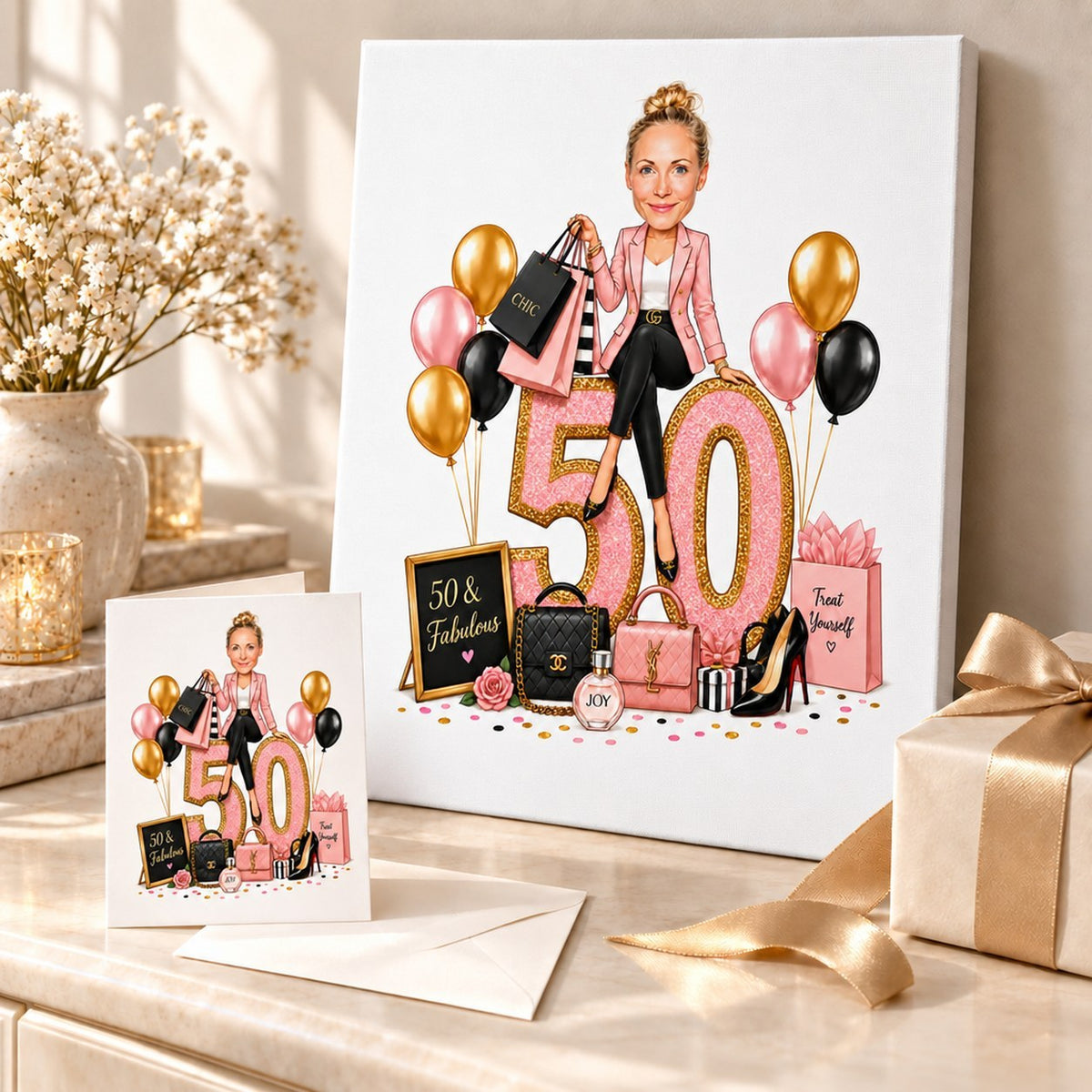 50 and Fabulous caricature printed on canvas and greeting card in gift scene