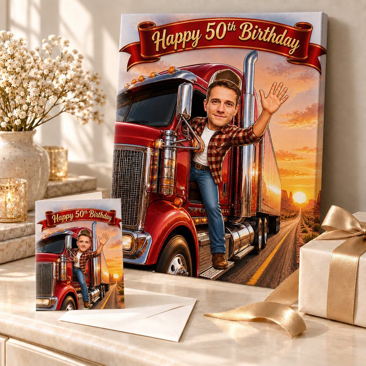 Stretched canvas and 5x7 card of custom truck driver caricature ready to gift.