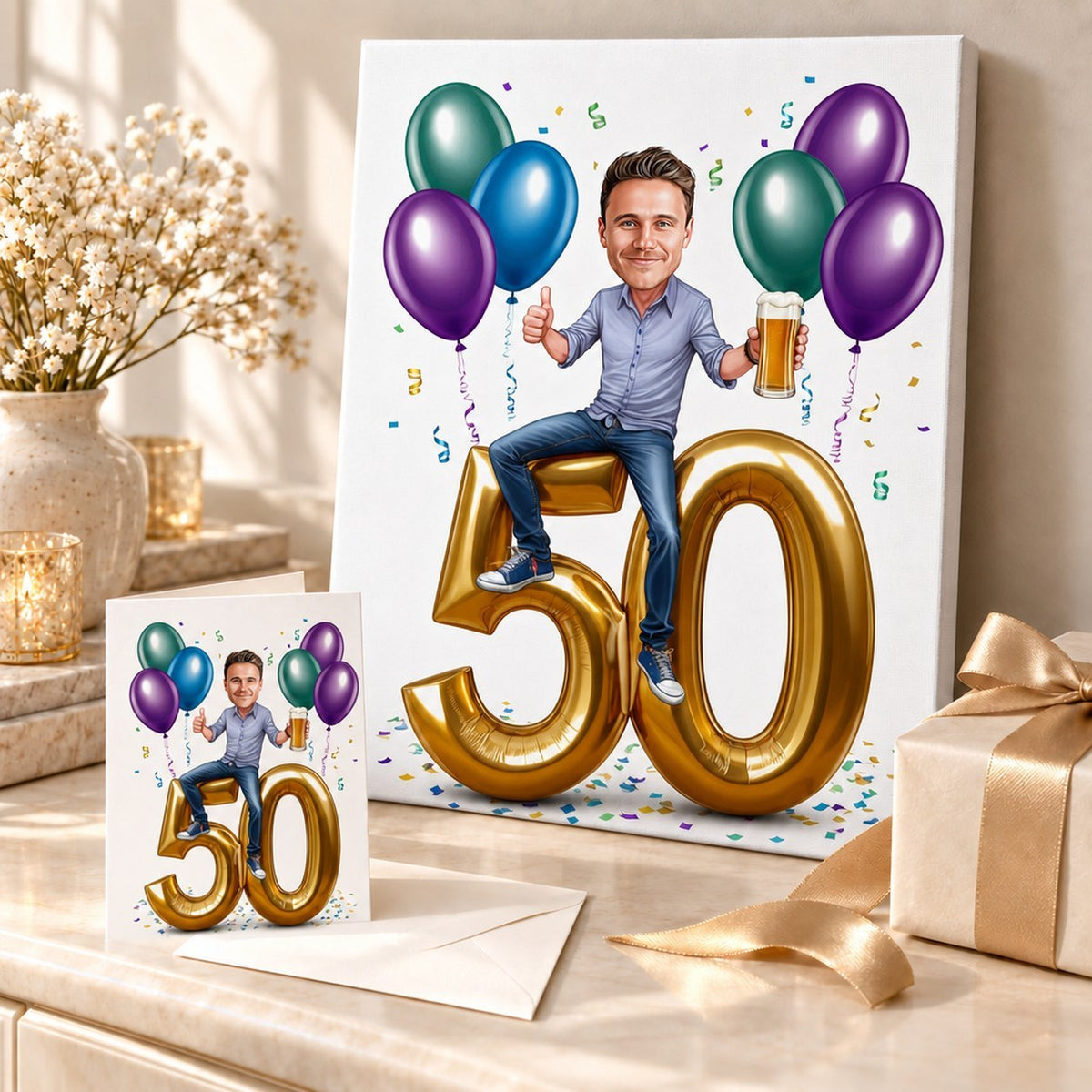 Caricature on stretched canvas and 5x7 greeting card, styled as a birthday gift scene