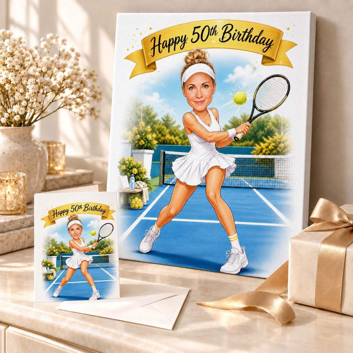 Canvas and 5x7 card of custom tennis birthday caricature displayed with gift ribbon